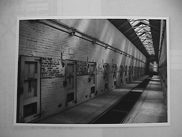 Outside of the cells in the Eighth Army Stockade. Based on the Quaker model where inmates had no contact. From the Correctional Library of the Japanese Correctional Association. From Asia-Pacific Journal article by Svoboda.